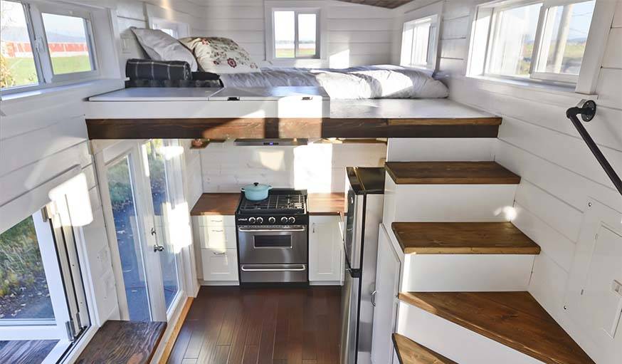 chambre de tiny house double sur mezzanine