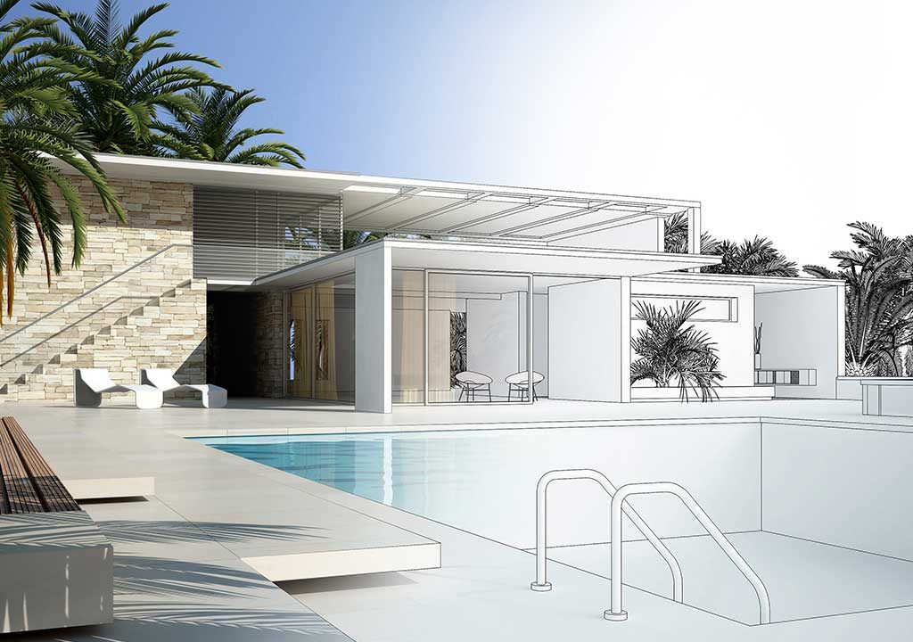 plan pool house piscine facing