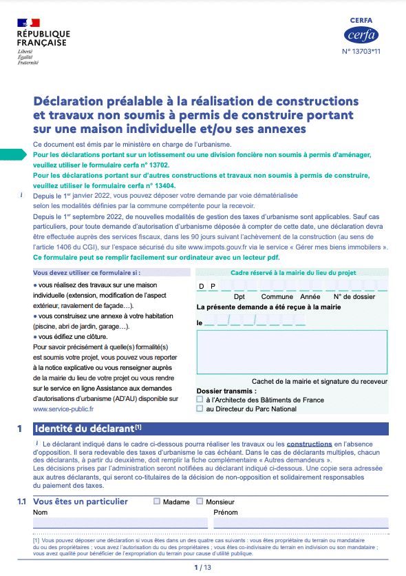 cerfa-13703*11 pour une déclaration préalable de travaux