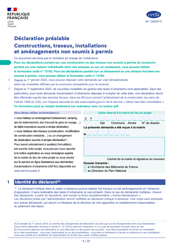 cerfa-13704*11 pour une déclaration préalable de travaux